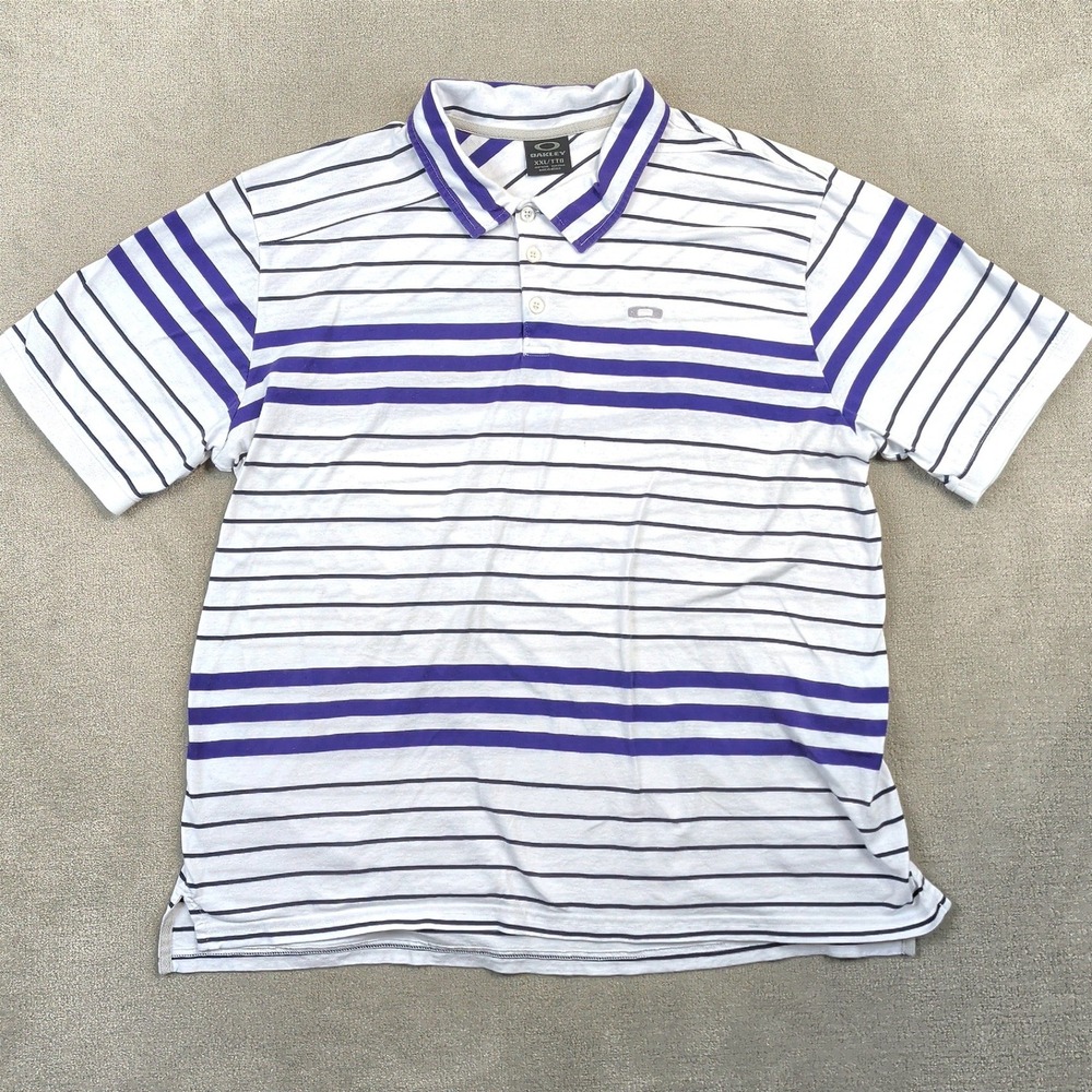 Oakley Polo Shirt Mens XXL White Purple Striped Y2K Short Sleeve Golf Streetwear